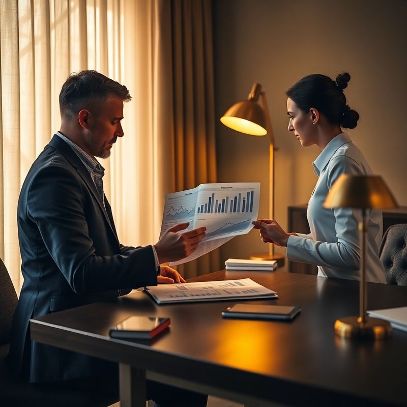 Doi consultanți analizează grafice financiare la un birou din lemn